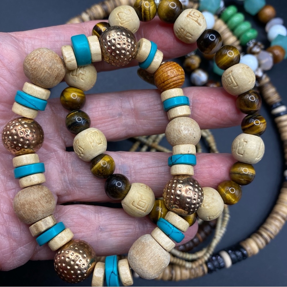 Bohemian Wood & Glass Beads Bracelets Necklaces Bundle 7 Piece Lot
